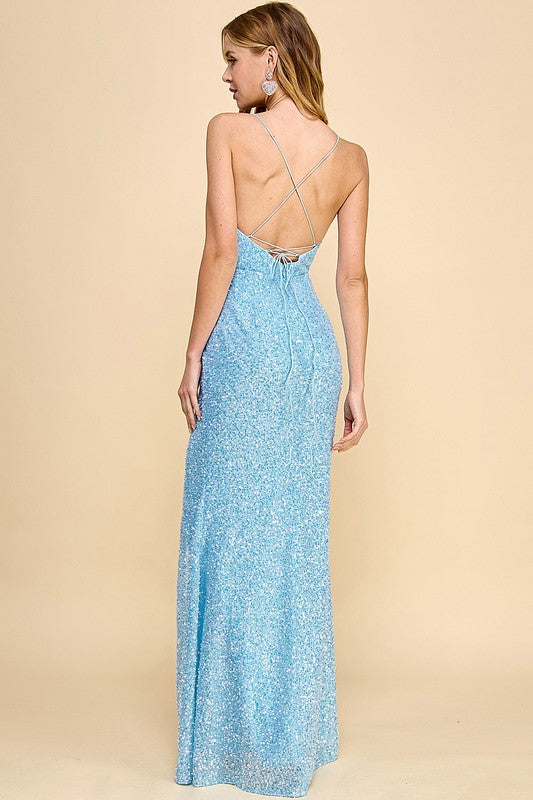 Sequin vneck gown with open back