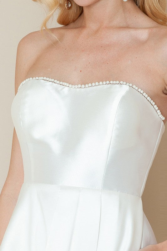 STRAPLESS PEARL DETAIL HIGH LOW DRESS