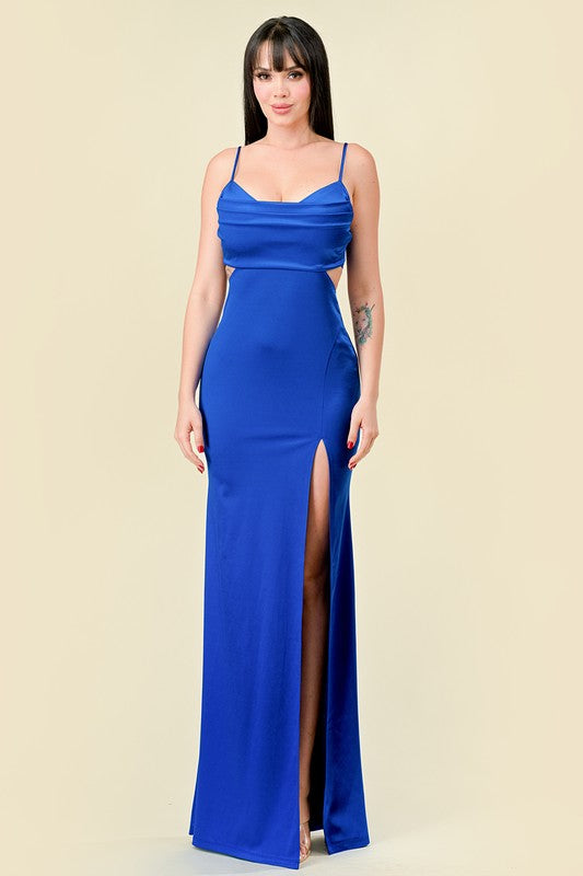 Royal blue satin cutout maxi dress