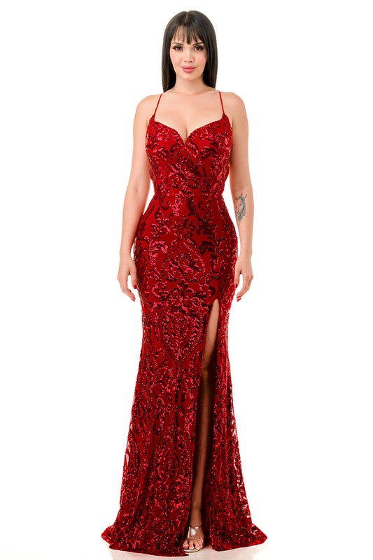 Solid Sequin V-Wire Mermaid Maxi Dress