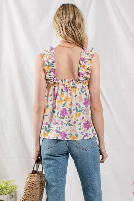 RUCHED STRAPS FLORAL WOVEN TOP
