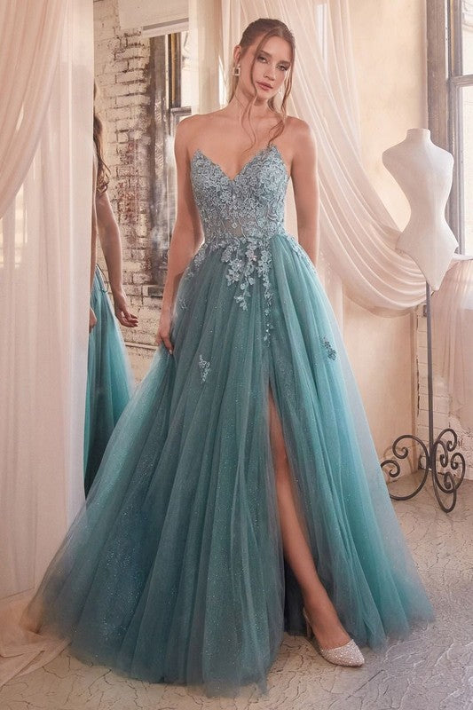 STRAPLESS A-LINE LACE & TULLE DRESS