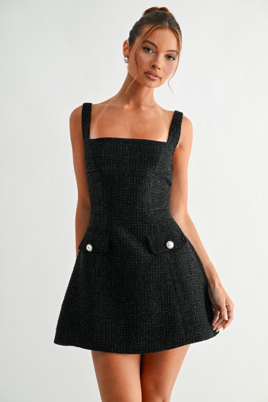 PEARL BUTTON TWEED MINI DRESS