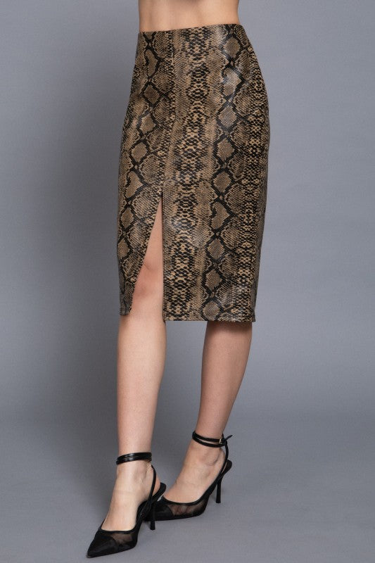 HIGH WAIST OPEN FRONT SNAKE PRINT FAUX LEATHER PENCIL MIDI SKIRT