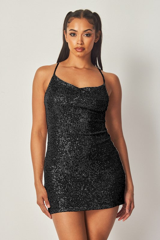 SEQUINS LACE UP BACK MINI DRESS