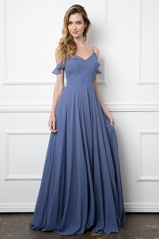 FLUTTER SHOULDER CHIFFON GOWN WITH POCKETS