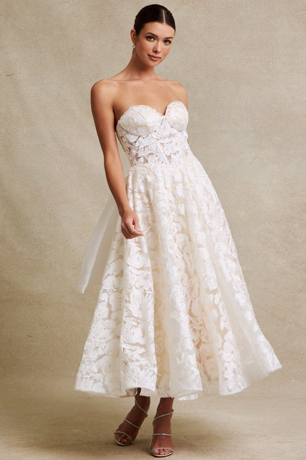 LACE STRAPLESS MIDI DRESS WITH DETACHABLE BOW
