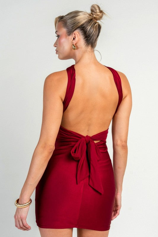 KNIT SATIN WITH MESH CONTRAST NECK BAND DRESS