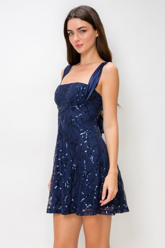 BOW TIE OPEN BACK SEQUIN DRESS