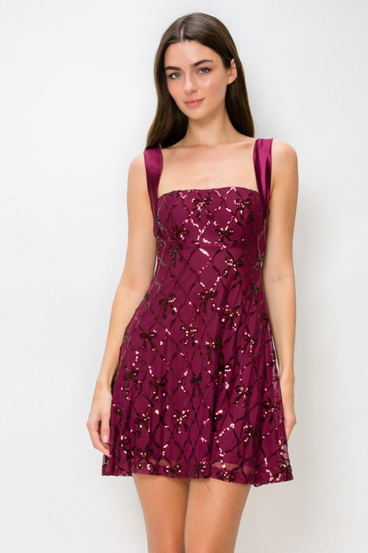 BOW TIE OPEN BACK SEQUIN DRESS