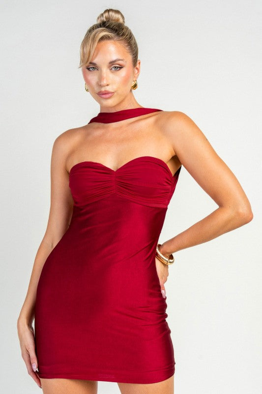 KNIT SATIN WITH MESH CONTRAST NECK BAND DRESS