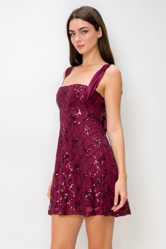 BOW TIE OPEN BACK SEQUIN DRESS