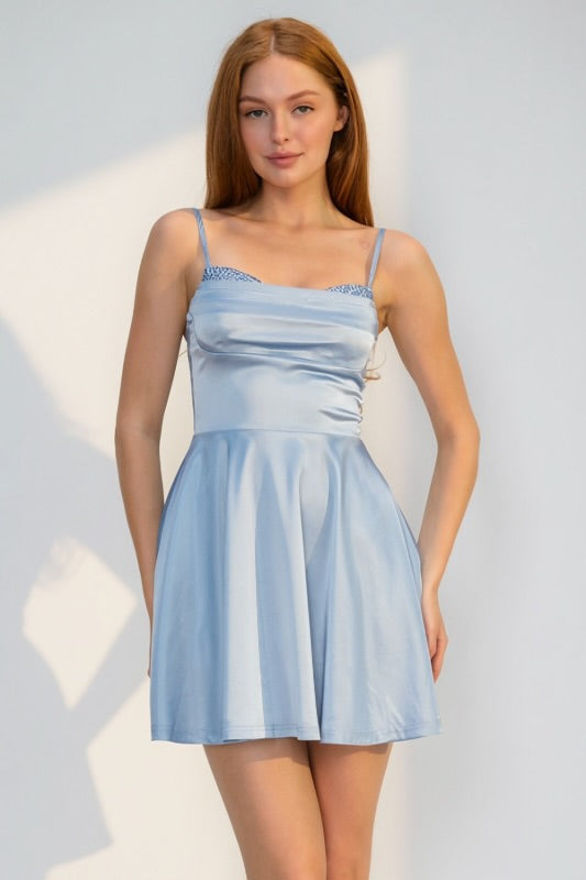 SATIN SHIMMER RHINESTONE BUSTIER FIT AND FLARE