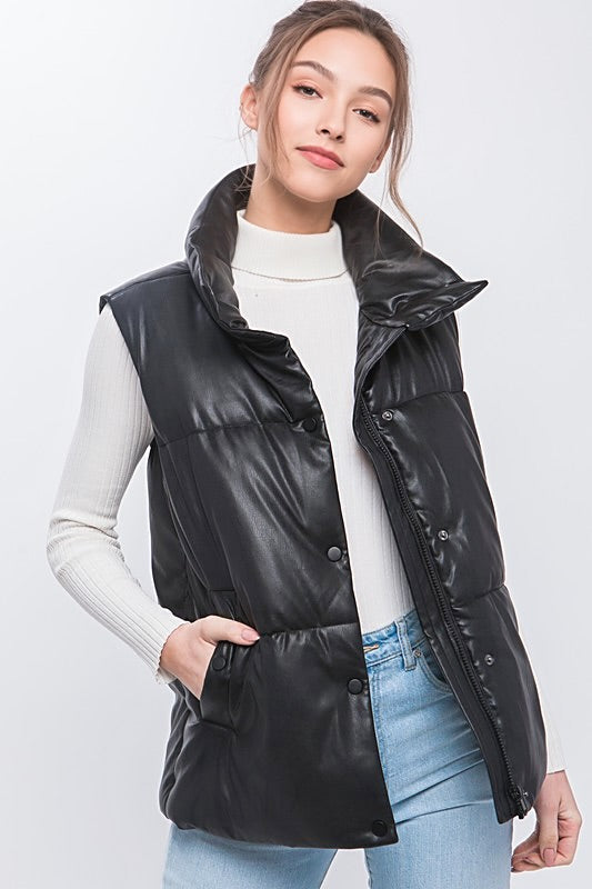 Faux leather puffy vest
