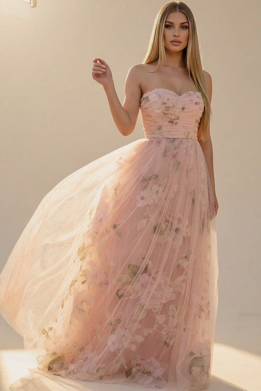 BLUSH FLORAL STRAPLESS GOWN