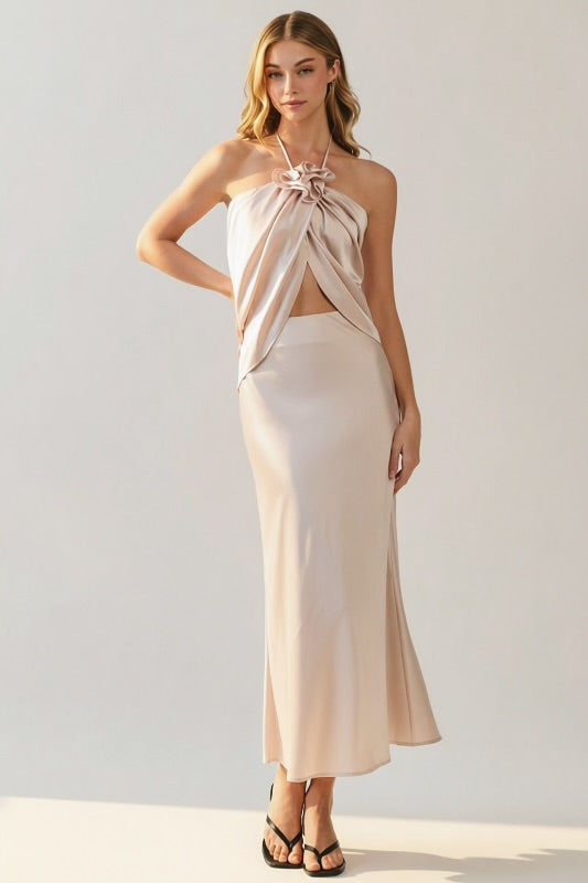 HALTER SATIN ROSETTE SILHOUETTE TWO PIECE