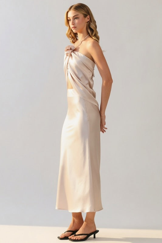 HALTER SATIN ROSETTE SILHOUETTE TWO PIECE