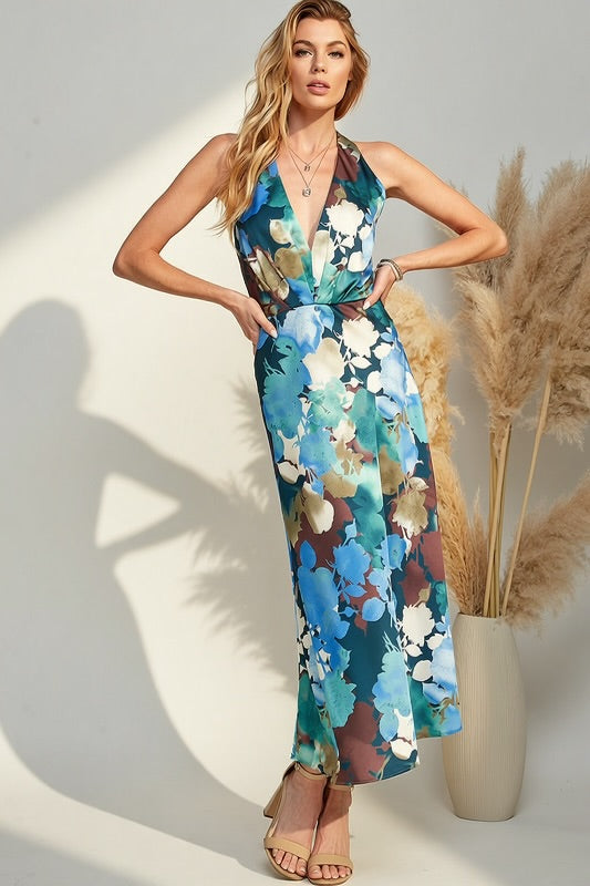 BOTANICAL SATIN HALTER DRESS