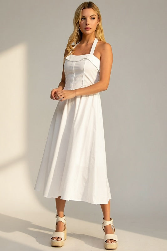 HALTER FLARE MIDI DRESS