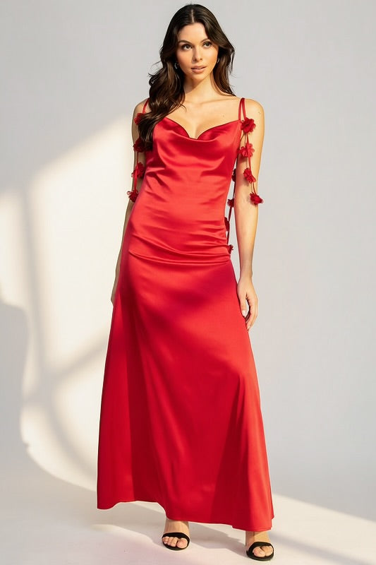 SATIN FLORAL STRAP MAXI DRESS