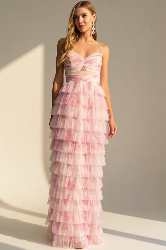 RUFFLE TIERED MESH MAXI DRESS