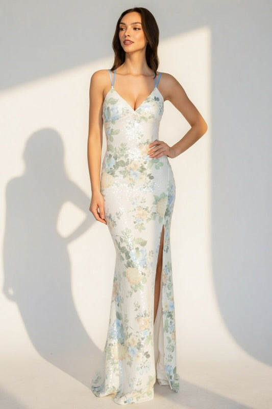 BLUE FLORAL OPEN BACK BODYCON MAXI GOWN