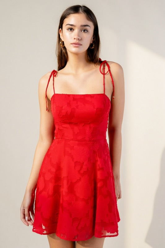 LACE FIT AND FLARE MINI DRESS