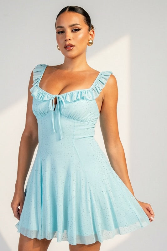 RHINESTONE RUFFLE MINI DRESS