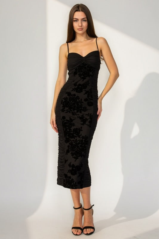 LACE FLORAL BODYCON MIDI DRESS
