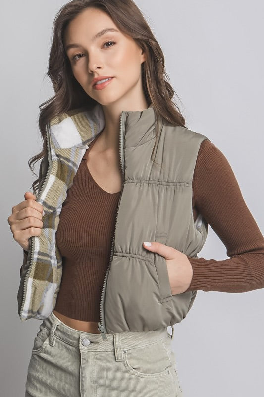 REVERSIBLE PLAID PUFFY VEST
