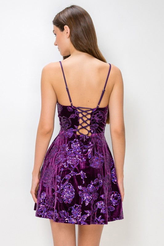 PURPLE SEQUIN FIT AND FLARE DRESS