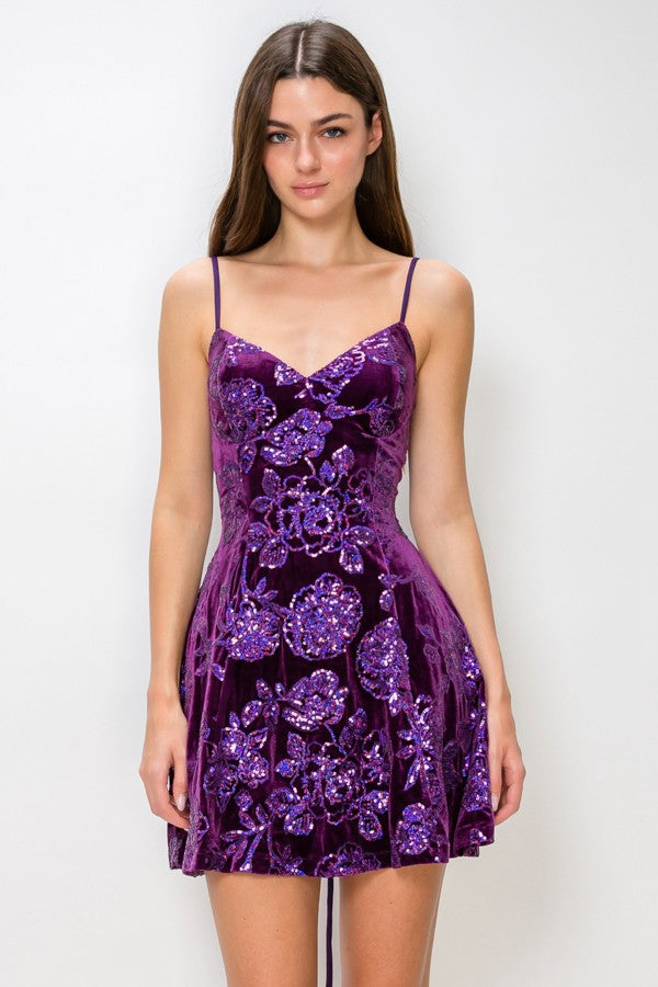 PURPLE SEQUIN FIT AND FLARE DRESS