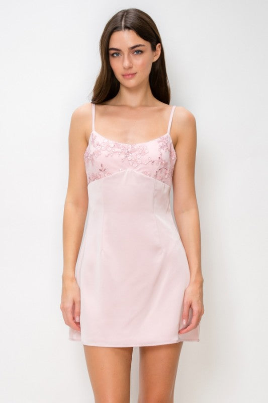 SATIN EMBROIDERY MINI DRESS