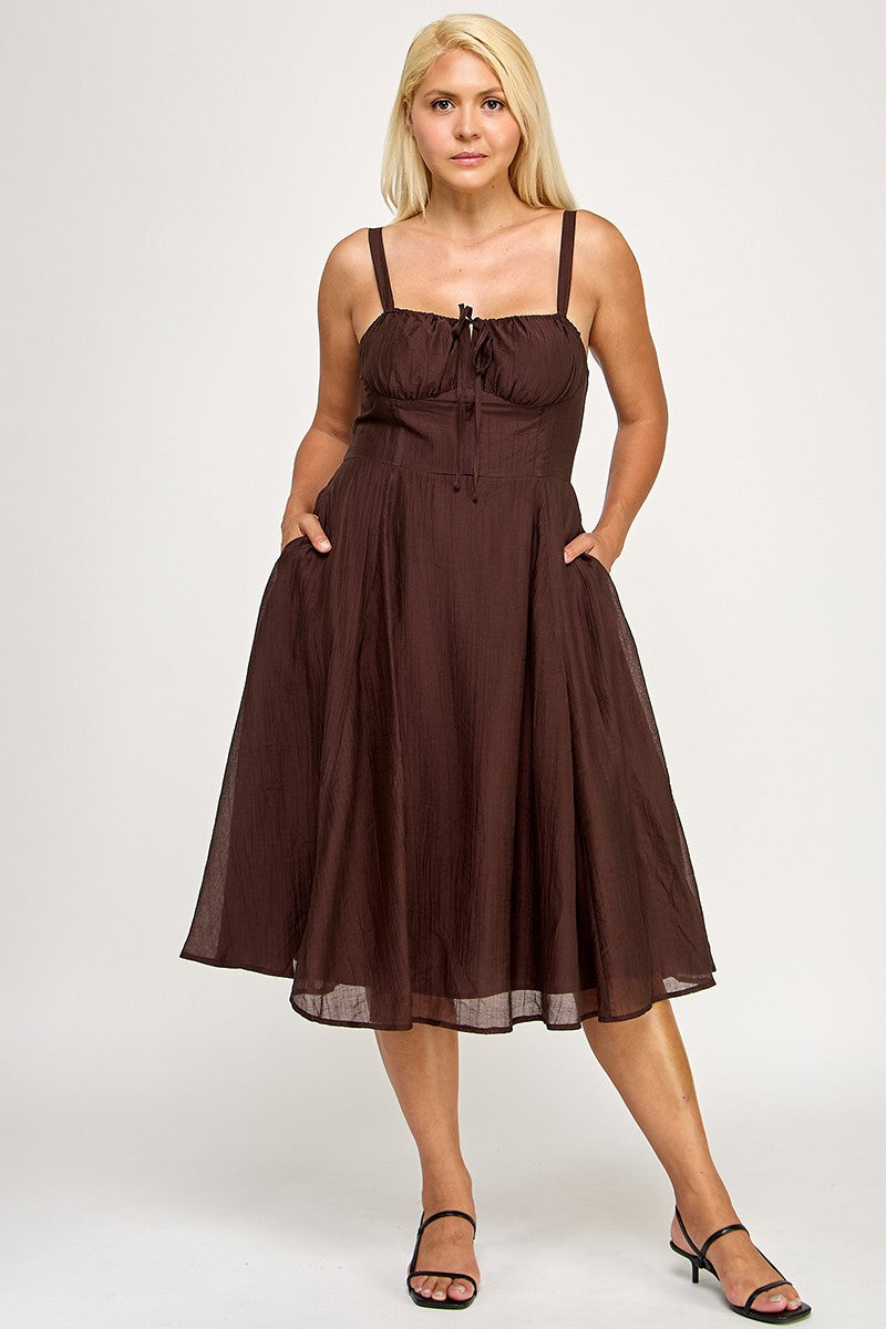 BROWN CORSET TIE MIDI DRESS