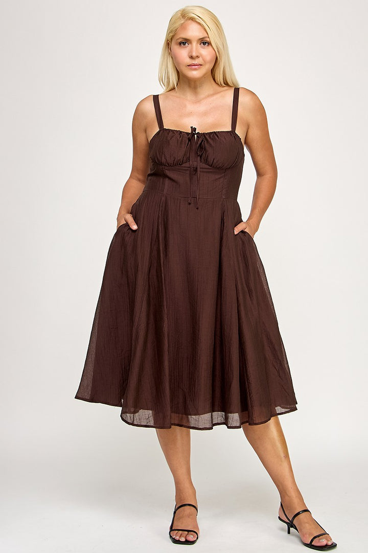 BROWN CORSET TIE MIDI DRESS