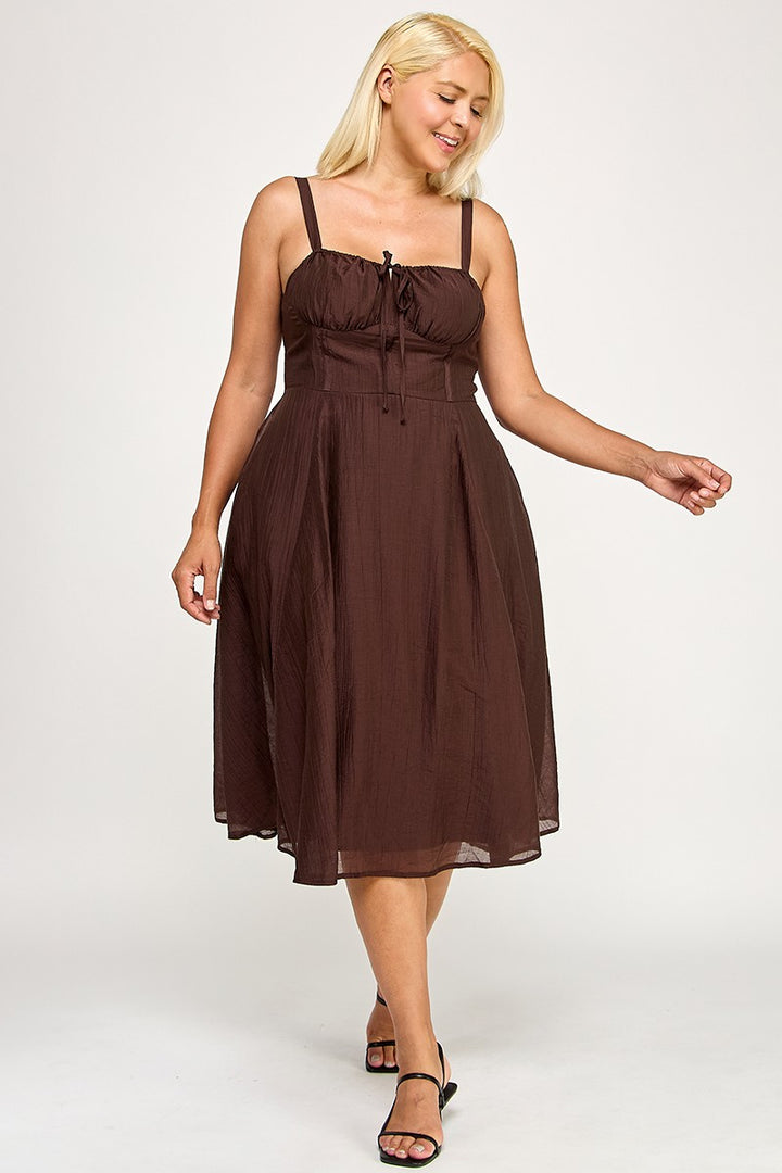 BROWN CORSET TIE MIDI DRESS