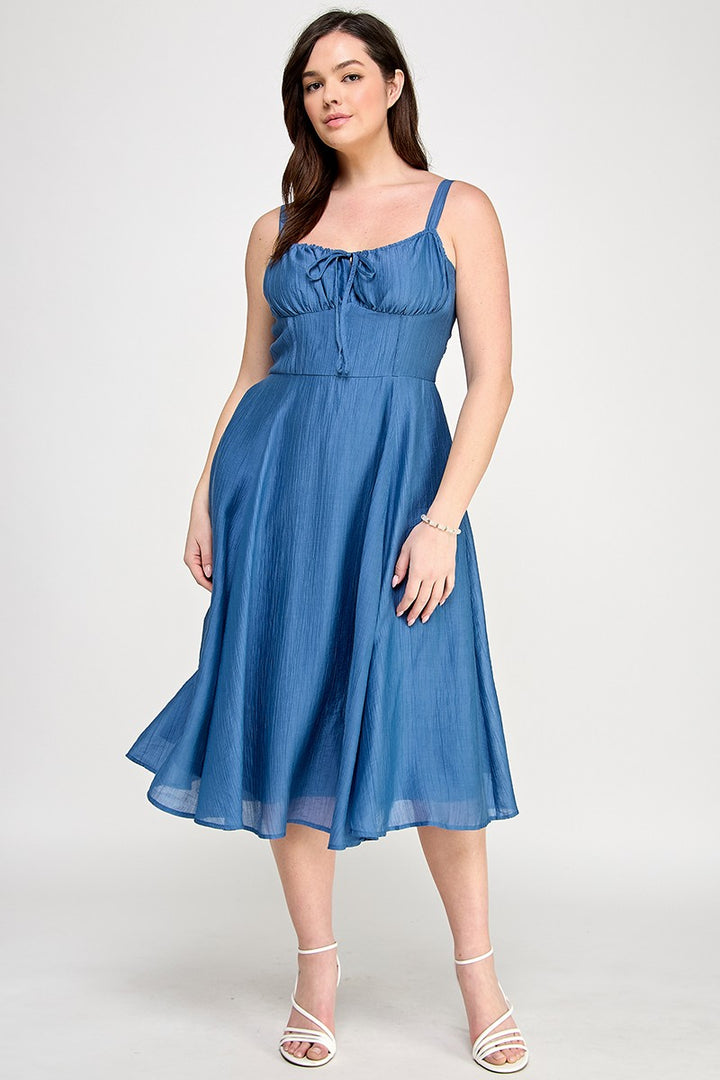 BLUE CORSET TIE MIDI DRESS