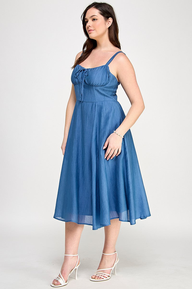 BLUE CORSET TIE MIDI DRESS