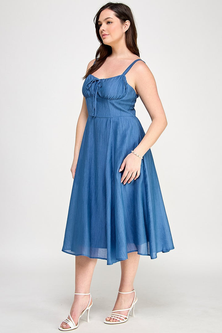 BLUE CORSET TIE MIDI DRESS