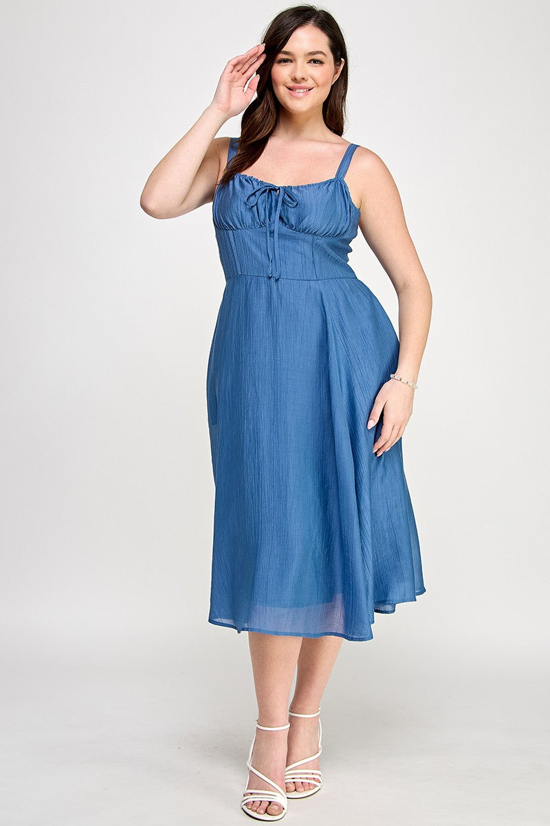 BLUE CORSET TIE MIDI DRESS