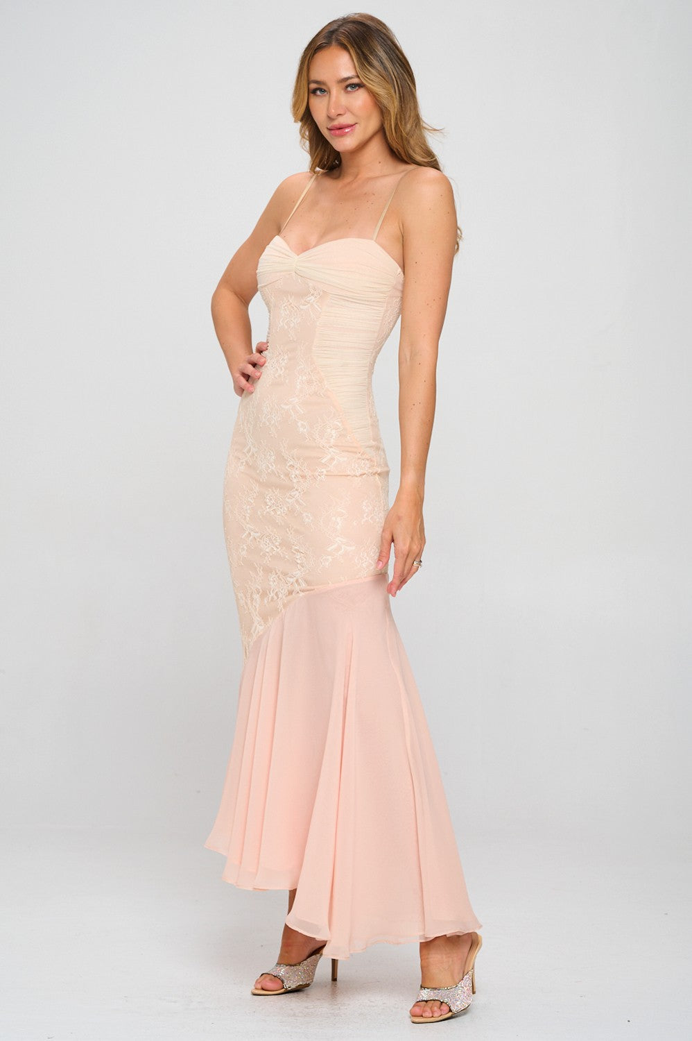 LACE AND SATIN MIDI DRESS