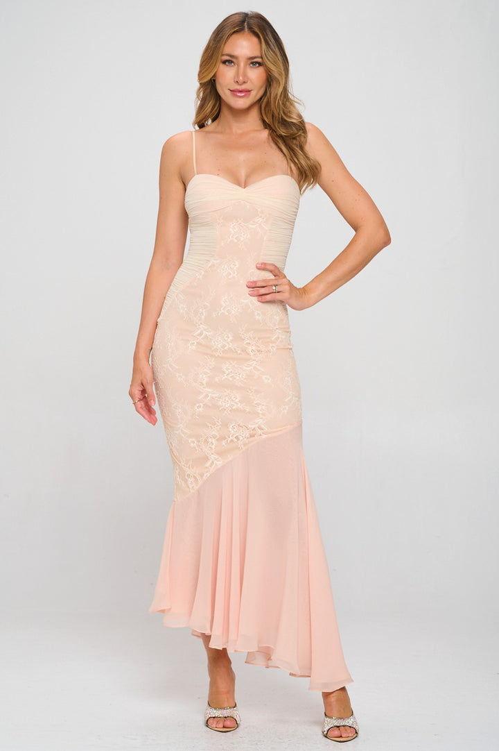 LACE AND SATIN MIDI DRESS