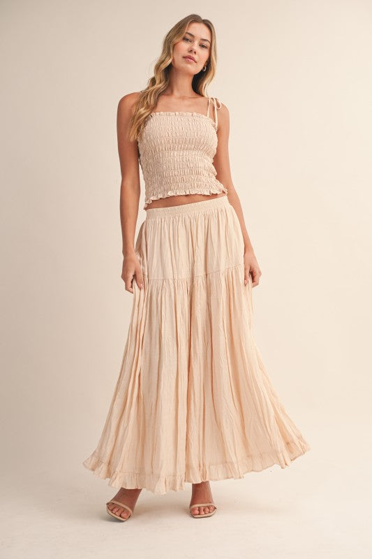 SMOCKING TOP CRINKLED MAXI SKIRT SET WITH TIE STRAPS