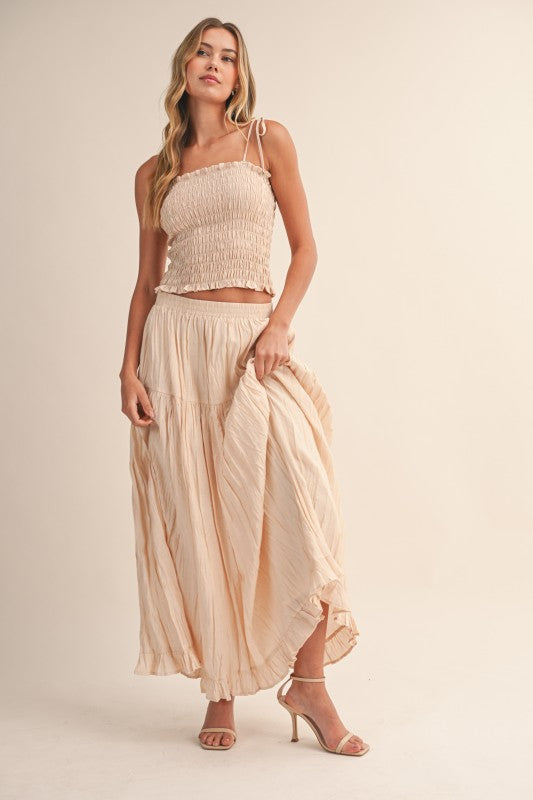 SMOCKING TOP CRINKLED MAXI SKIRT SET WITH TIE STRAPS