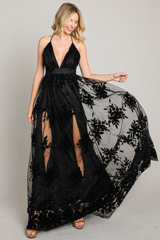 VELVET PRINT MAXI DRESS