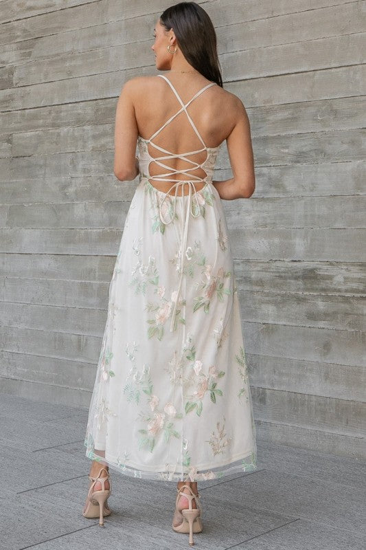 ENCHANTED EMBROIDERED MESH MAXI DRESS