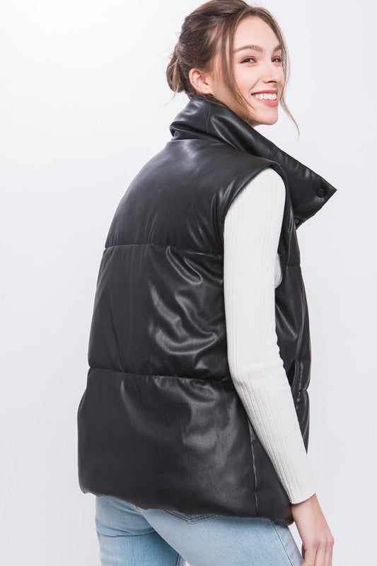Faux leather puffy vest