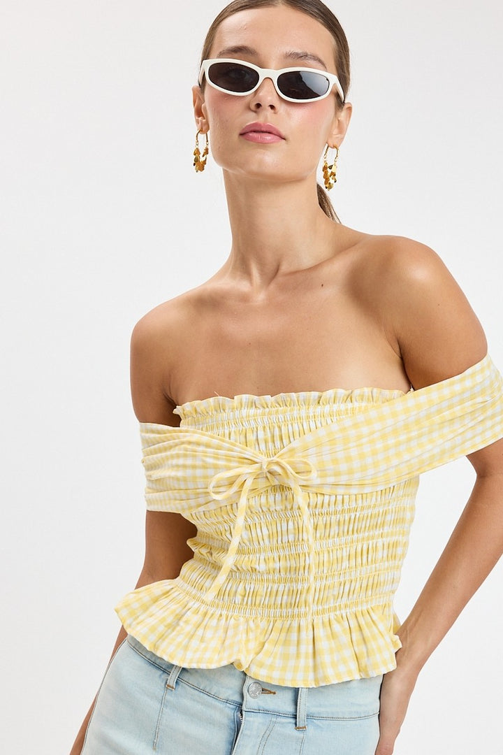 CHECKER PRINT OFF SHOULDER TOP