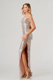 SEQUIN PLEATED COWL NECK SLITTED MAXI DRESS