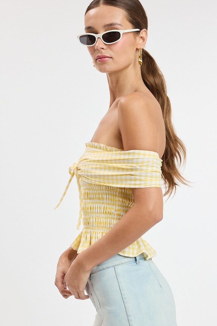 CHECKER PRINT OFF SHOULDER TOP